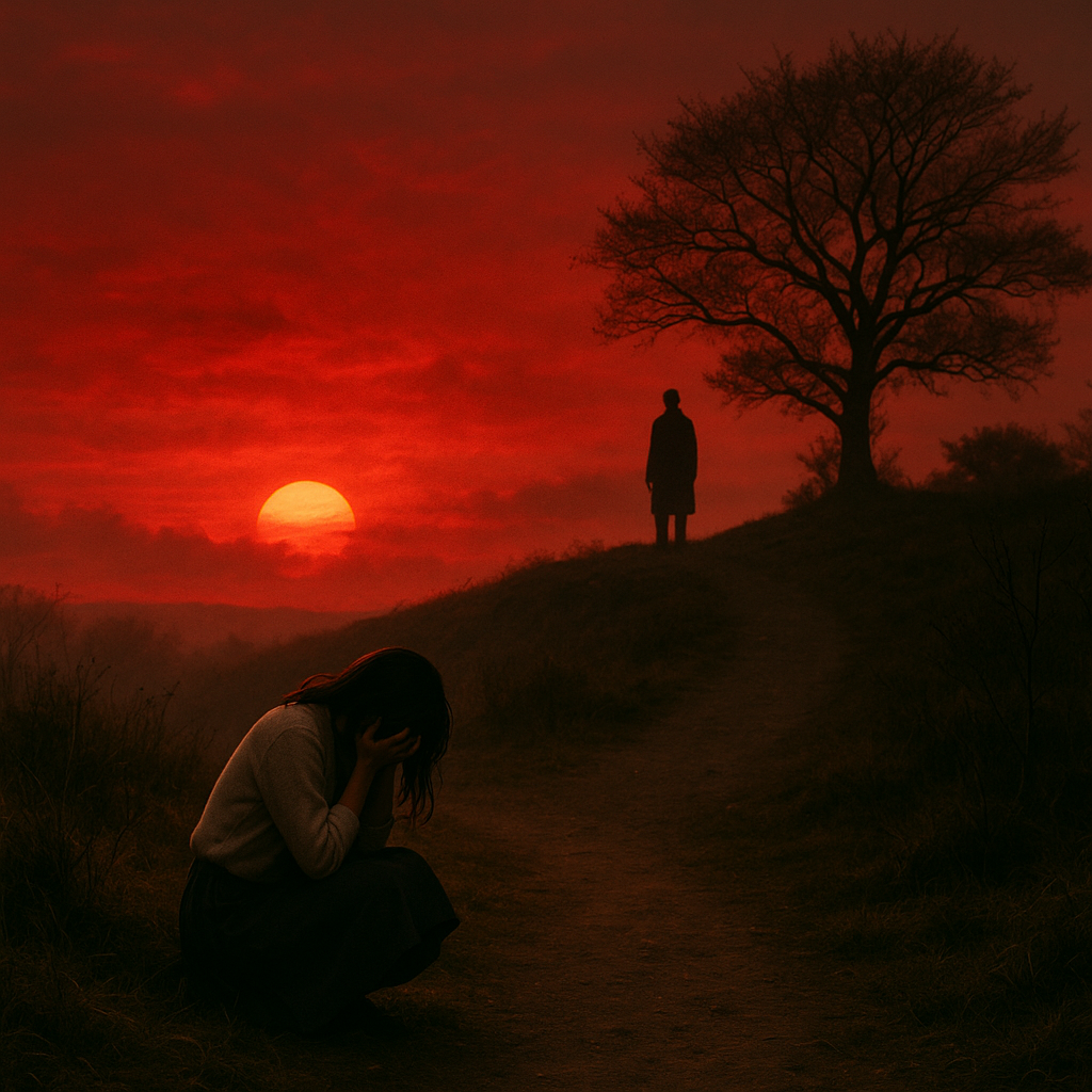 桜子の悪夢。真っ赤な空の夕日の小高い丘と謎の人物のイメージ