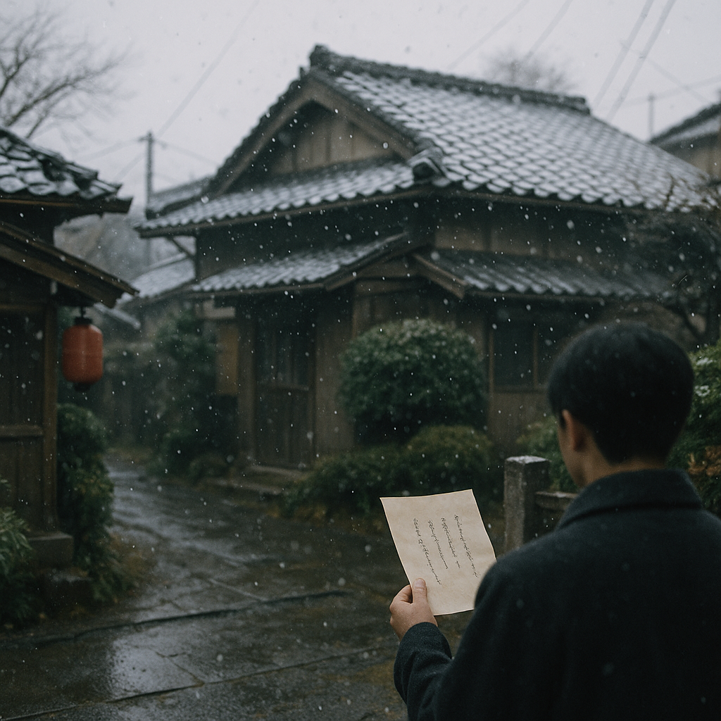 祖父のメッセージと初雪のイメージ