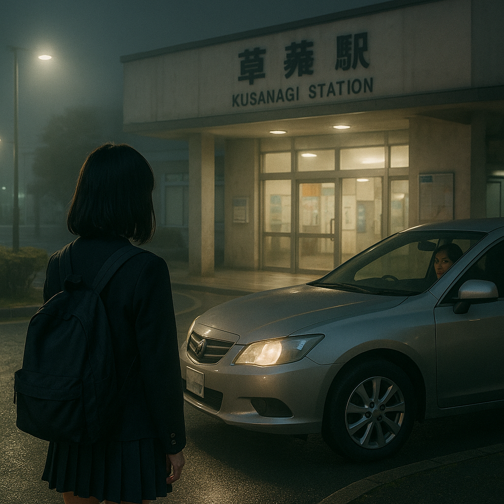 夜の駅前ロータリーで、女子高生を車で迎えにきた母のイメージ