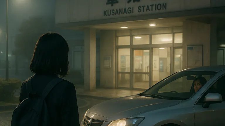 夜の駅前ロータリーで、女子高生を車で迎えにきた母