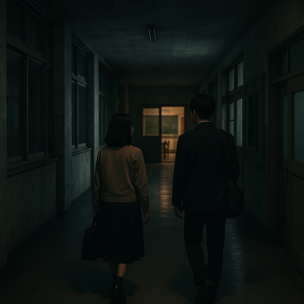 夜の暗い校舎を行く2人のイメージ