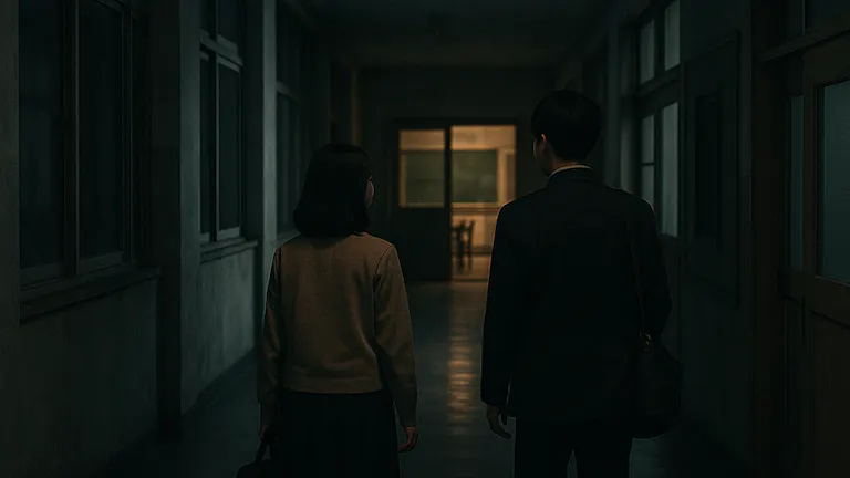 夜の暗い校舎を行く2人