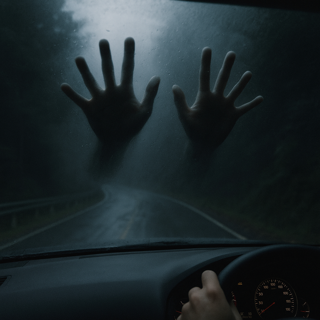 夜の山道で、フロントガラスの上にふたつの手のイメージ