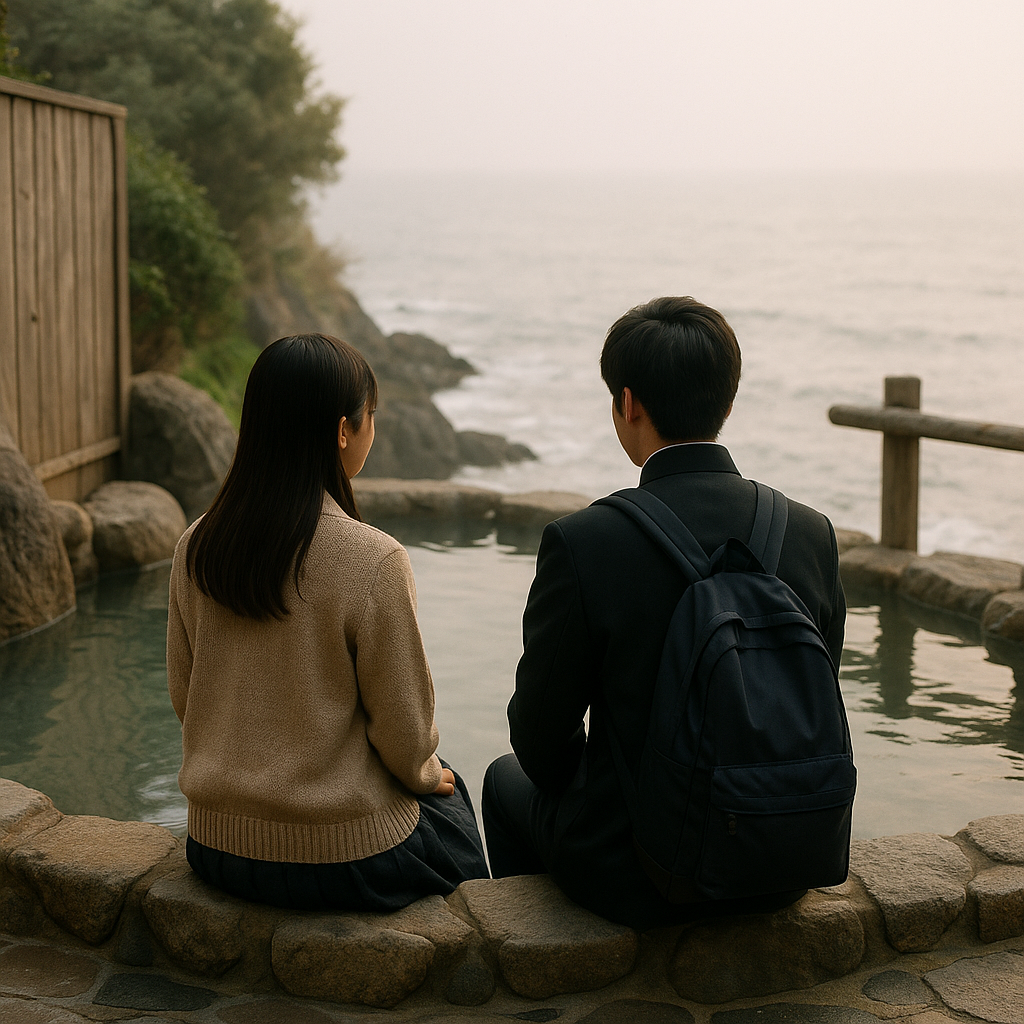 海を眺める高校生カップル