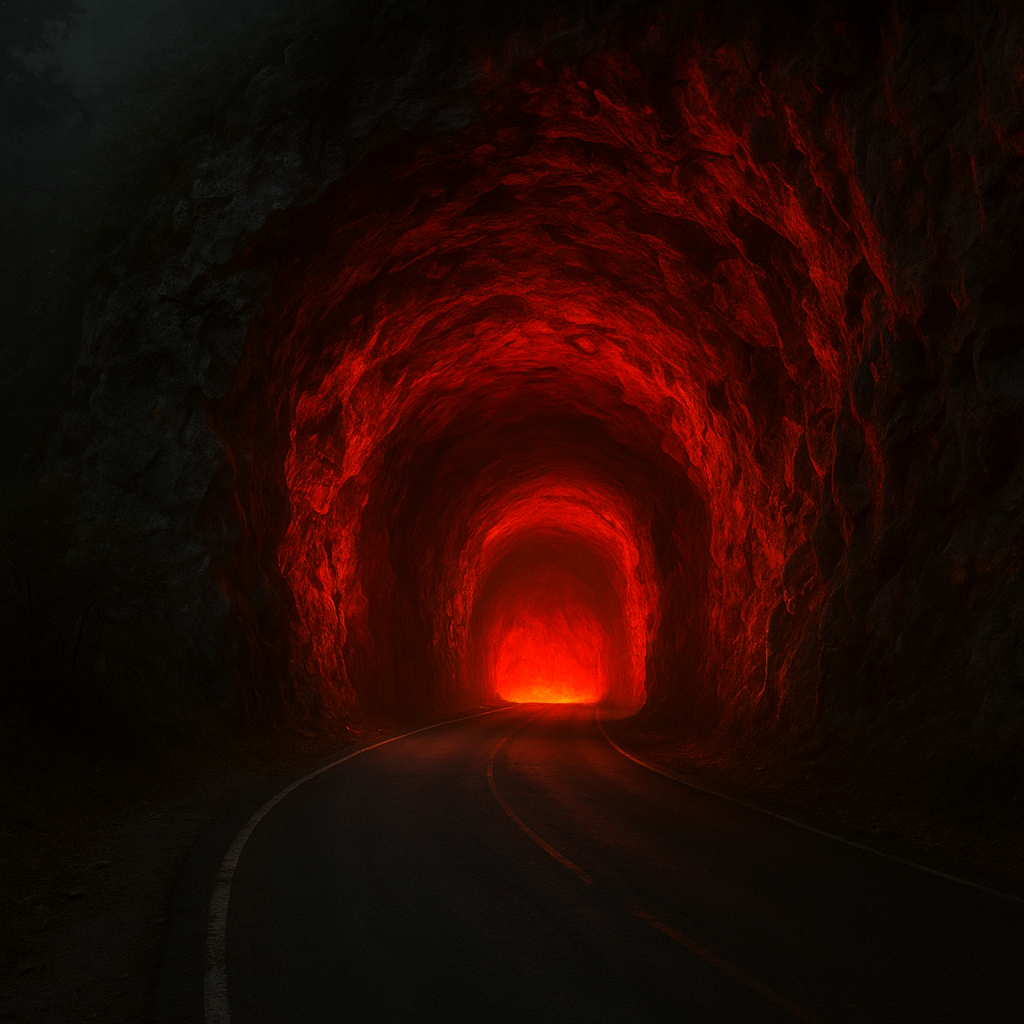 真っ赤に燃える岩で囲まれた大きな空洞のイメージ