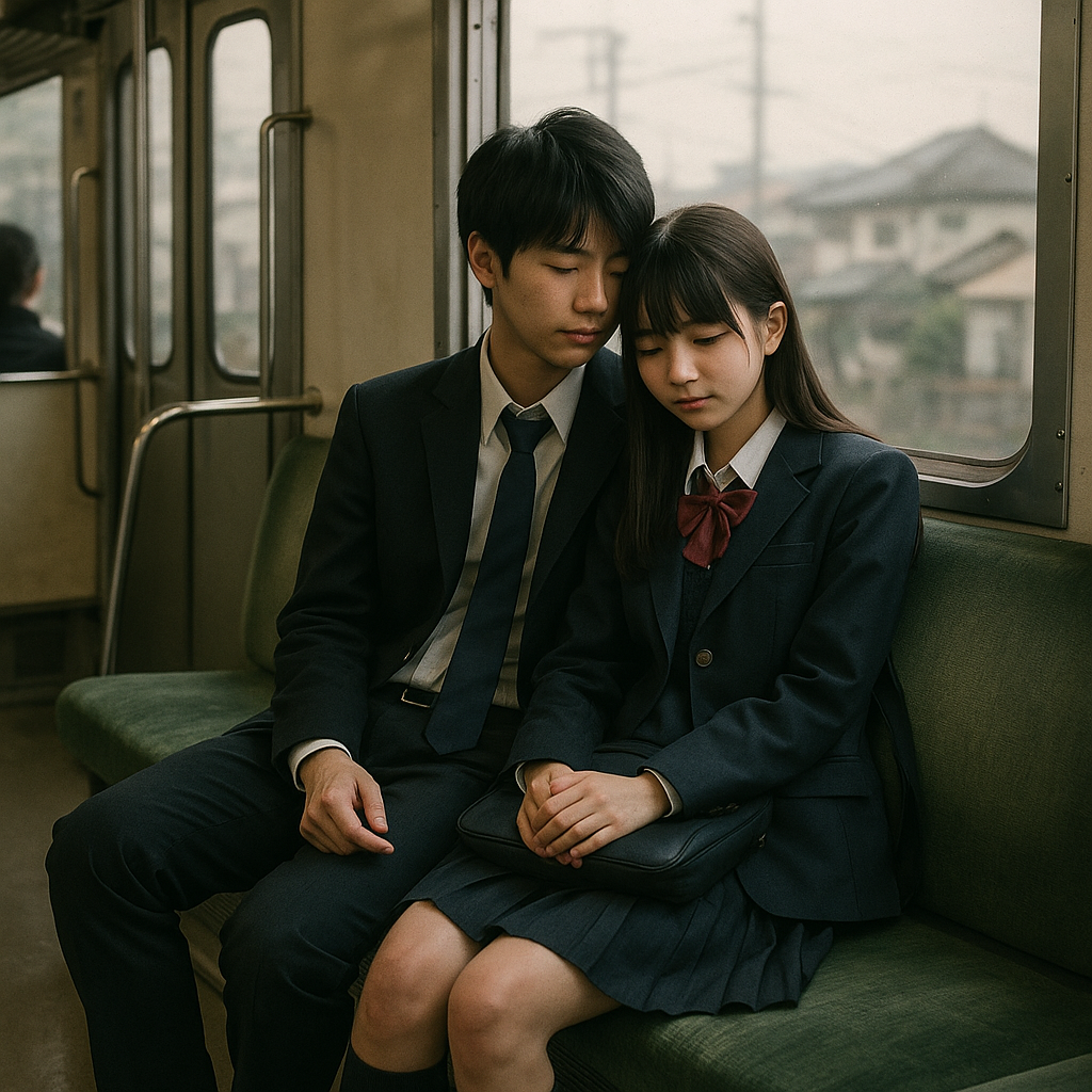 電車に乗る高校生のカップルのイメージ