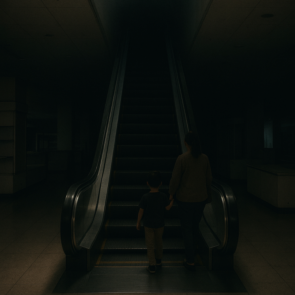 どこまでも続く暗闇のエスカレーターのイメージ