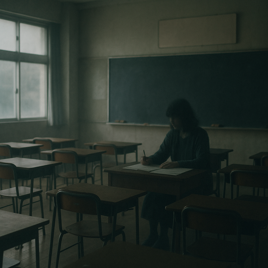 日曜日に教室でテストの丸つけをしていた担任の先生のイメージ