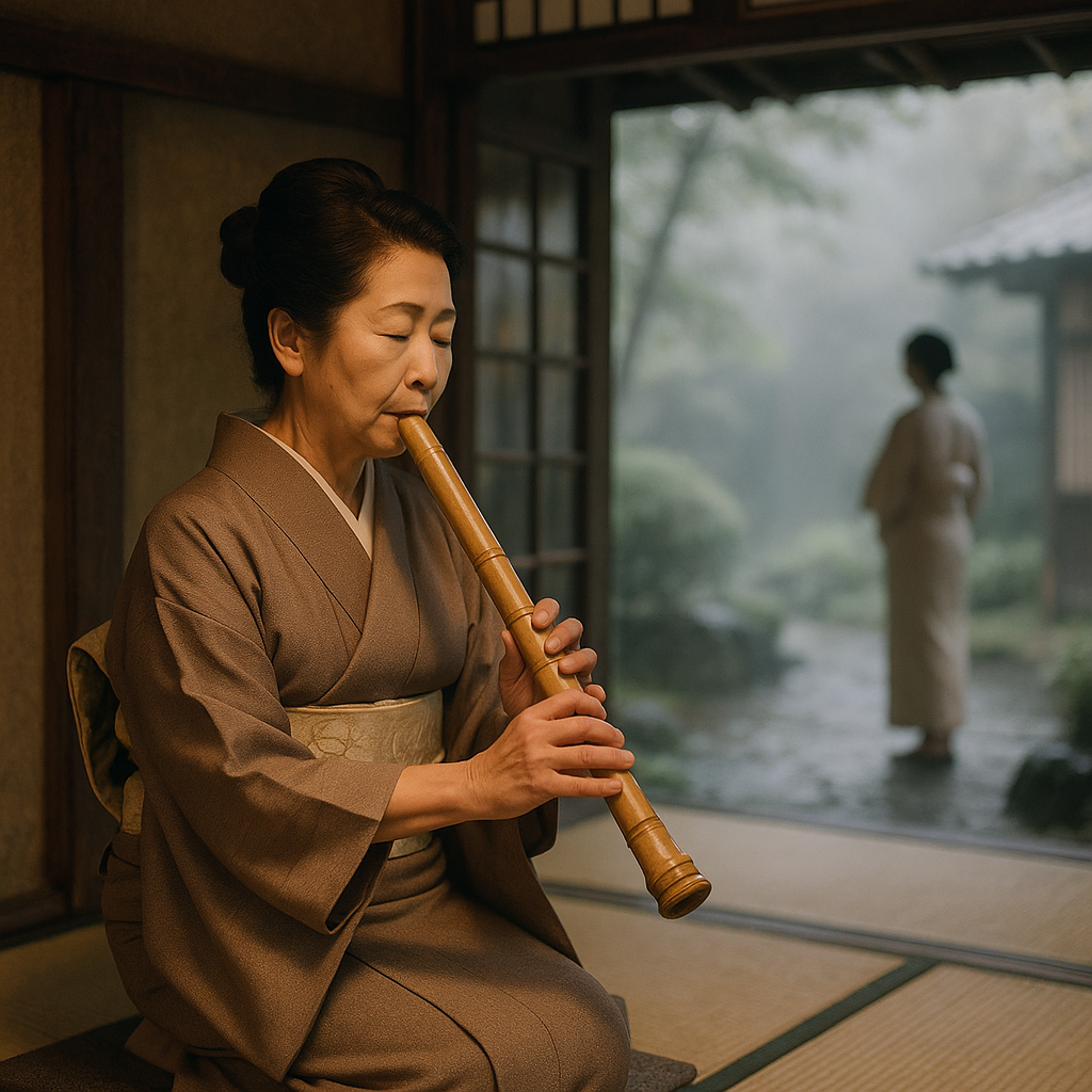 旅館で楽器を生演奏する女将のイメージ