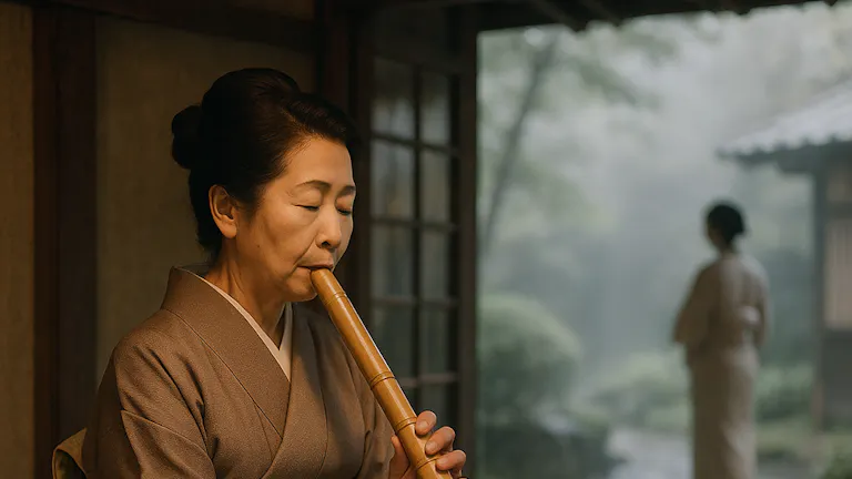 旅館で楽器を生演奏する女将