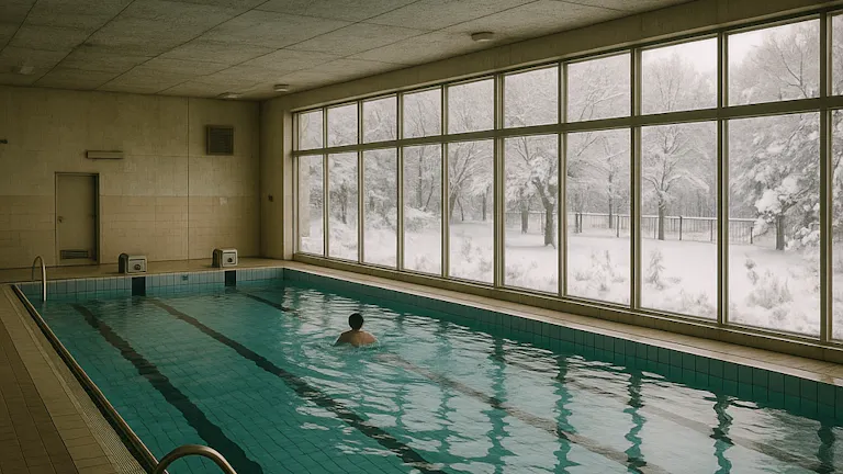 北海道で再会②(雪景色の中の室内温水プール)
