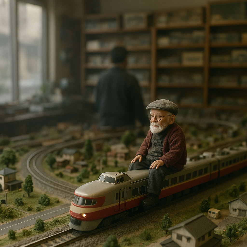 鉄道模型に乗ったおじいさんのイメージ