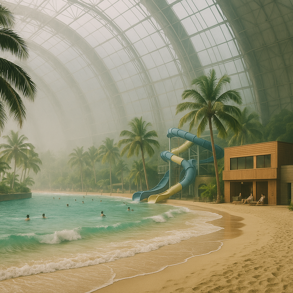 南国の海岸のように波打つビーチの巨大な屋内プールのイメージ
