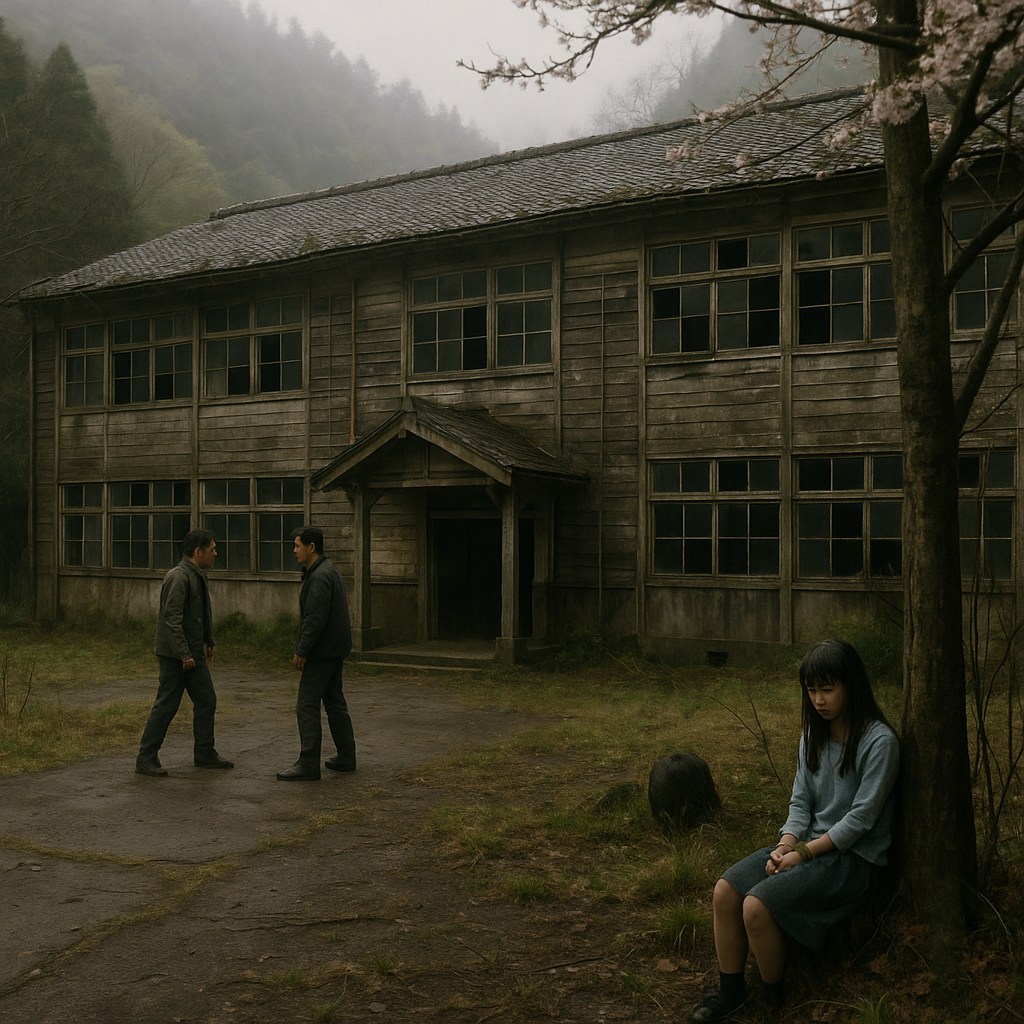 山奥の廃校で、犯人の男たちと人質にされている少女のイメージ