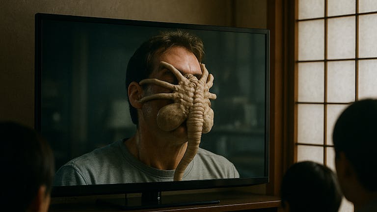 顔に未知の生物が張り付いているシーンで