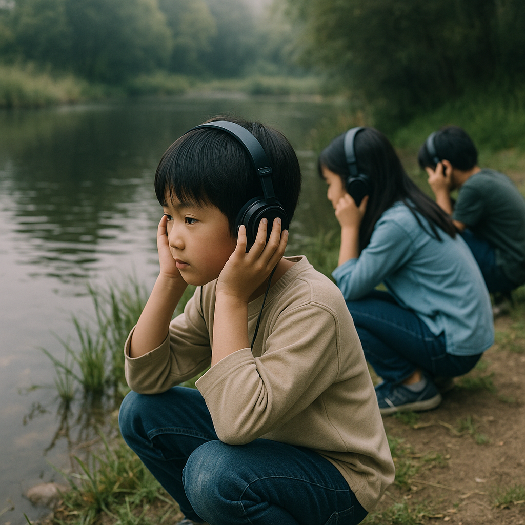 総合的な学習、池で「音の観察」をする子どもたちのイメージ