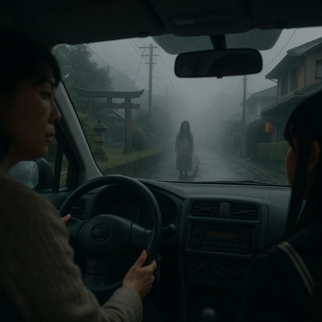 運転する母のこわい話を助手席で聞く女子高生のイメージ