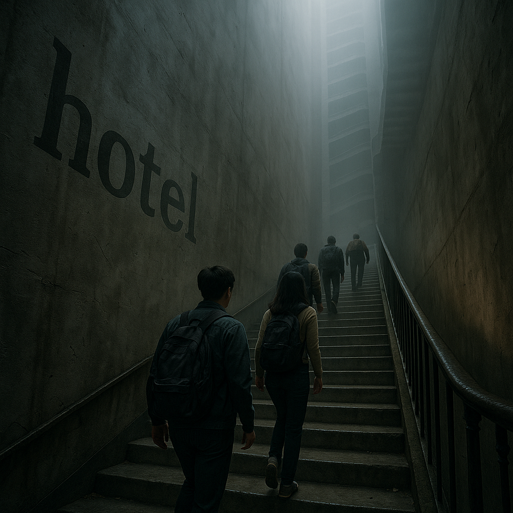 100階建てのホテルで階段をのぼるのイメージ