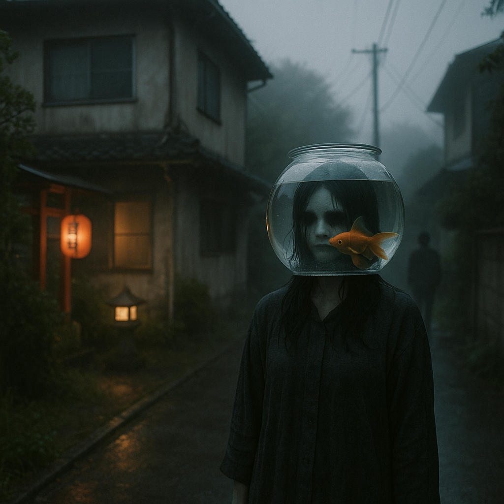 金魚鉢を被った女幽霊のイメージ