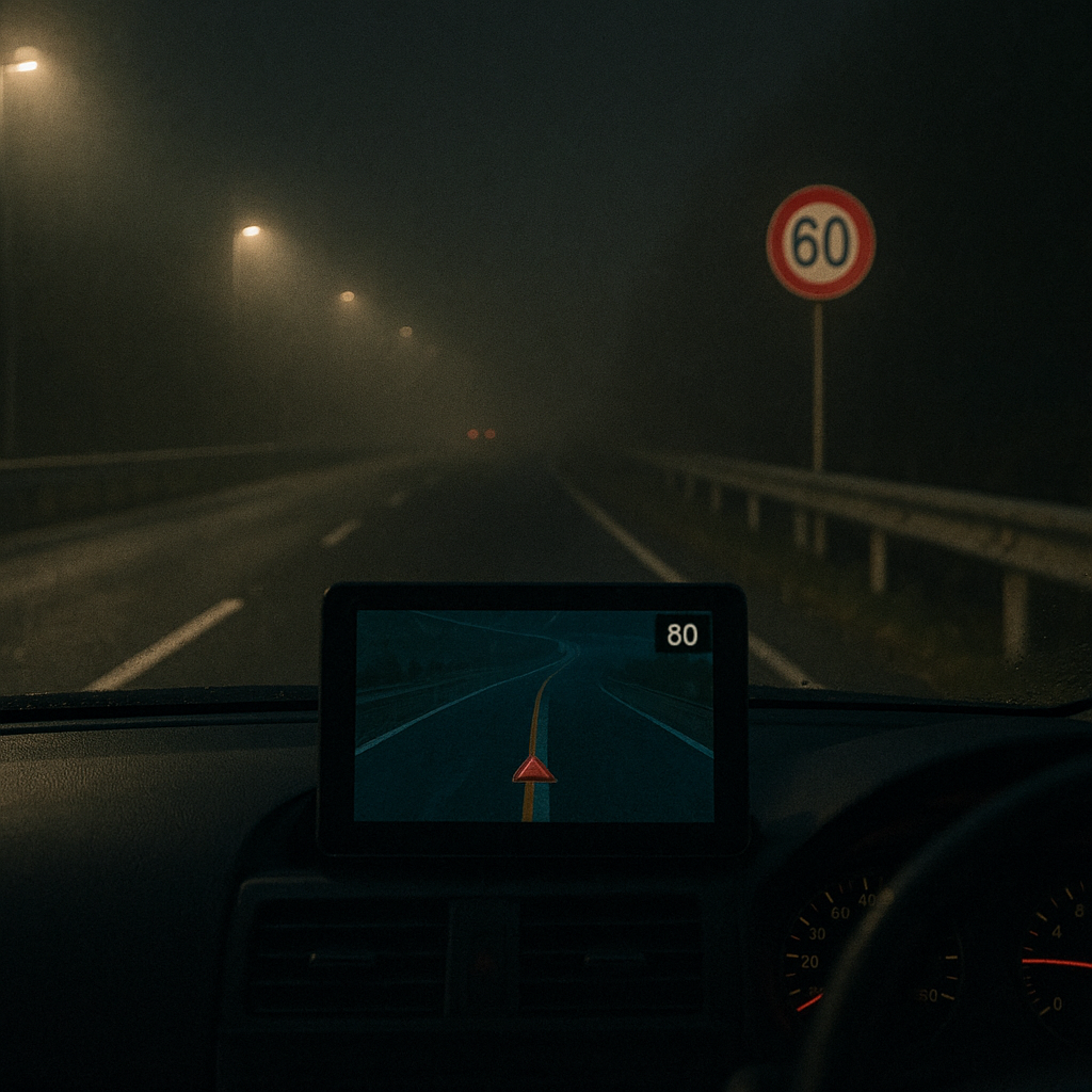 夜、60km/h制限の専用道で速度超過をしていたらのイメージ