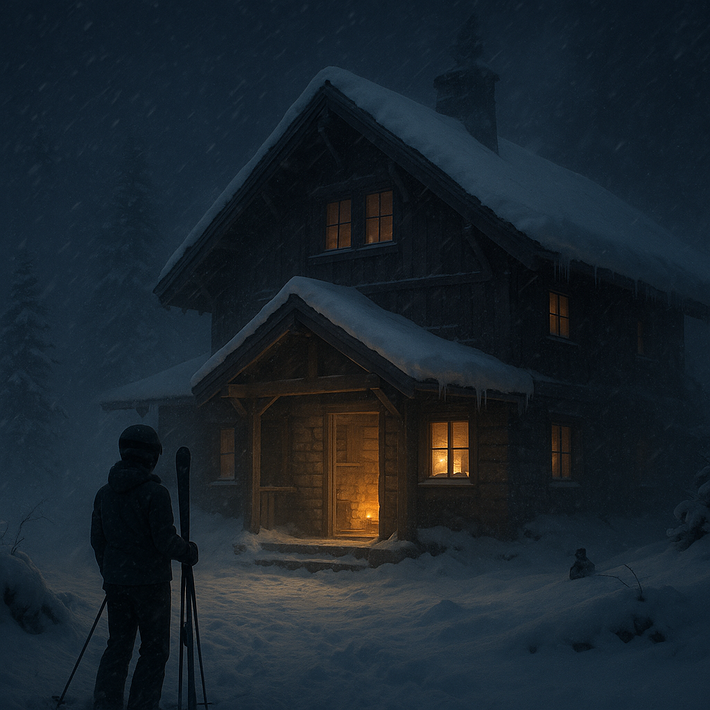 スキー④（完結編/夜、吹雪の中でもポカポカのロッジのイメージ