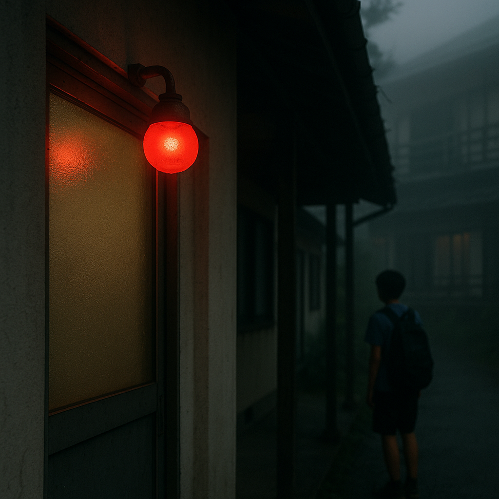 赤いランプが点滅する曇りガラス