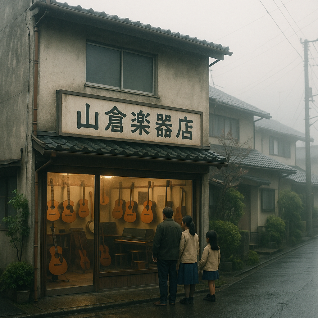 旅の始まり　楽器店と理想の家族のイメージ