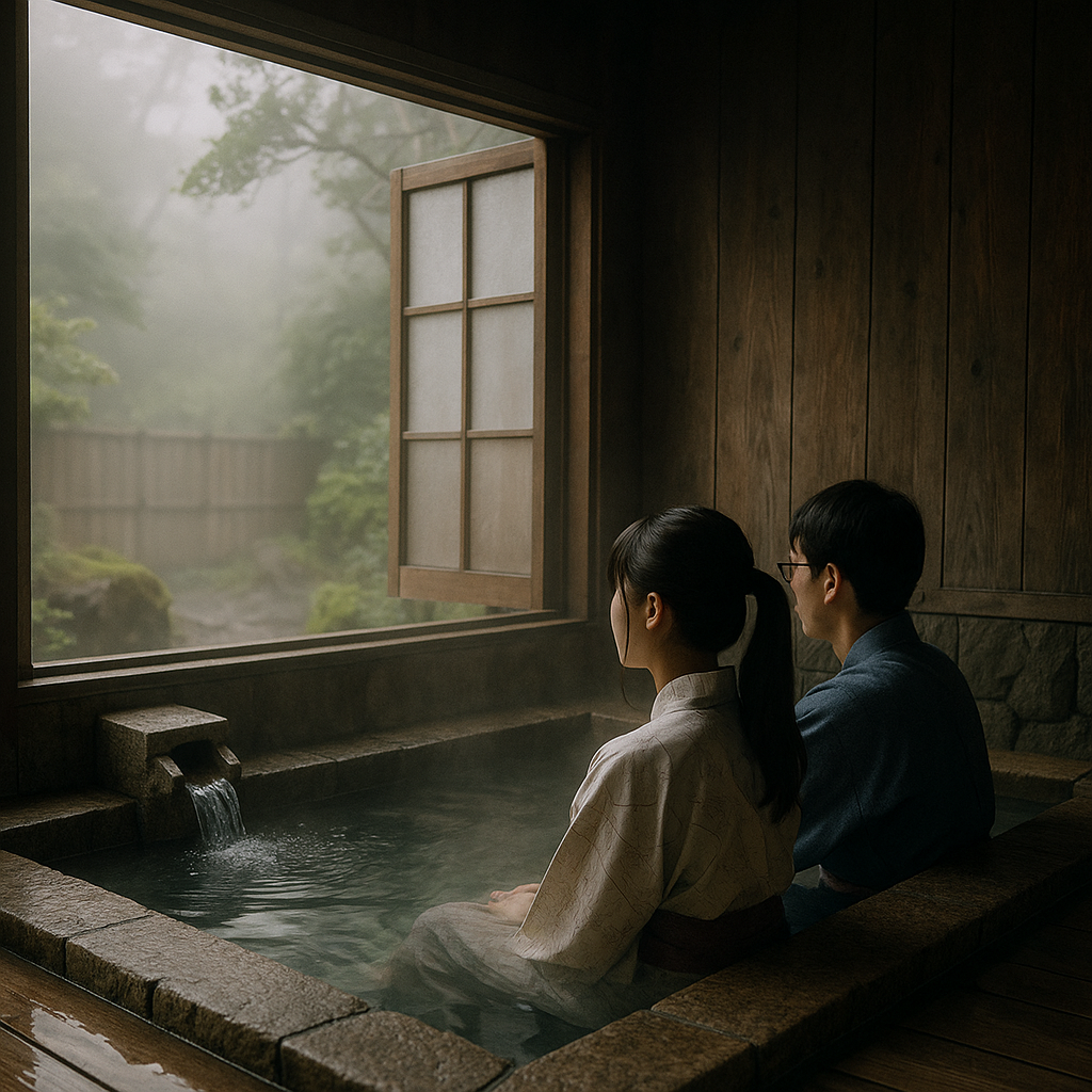 浴衣にポニーテール姿の彼女と温泉でのイメージ