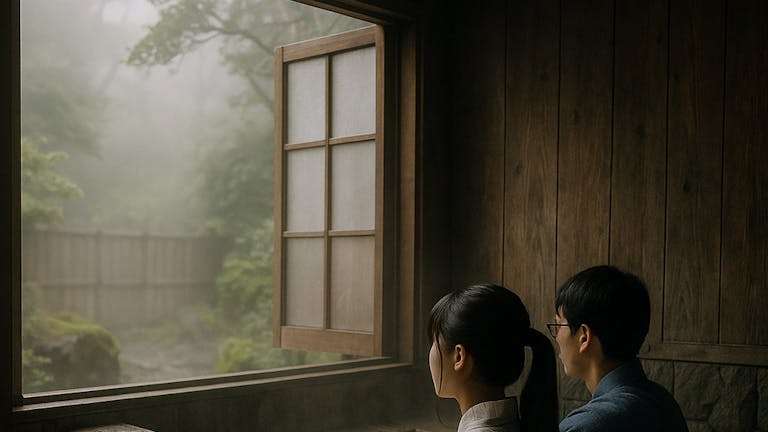 浴衣にポニーテール姿の彼女と温泉で