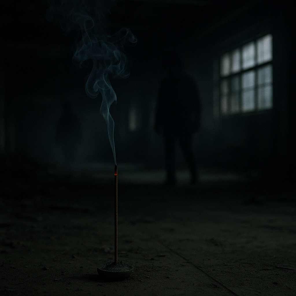 線香の匂いと暗闇に潜む影のイメージ