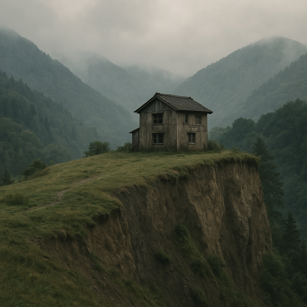 山に囲まれた丘の上の家のイメージ