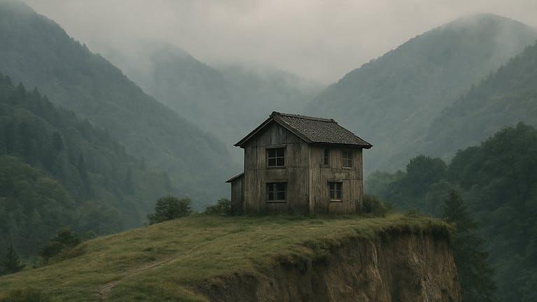 山に囲まれた丘の上の家