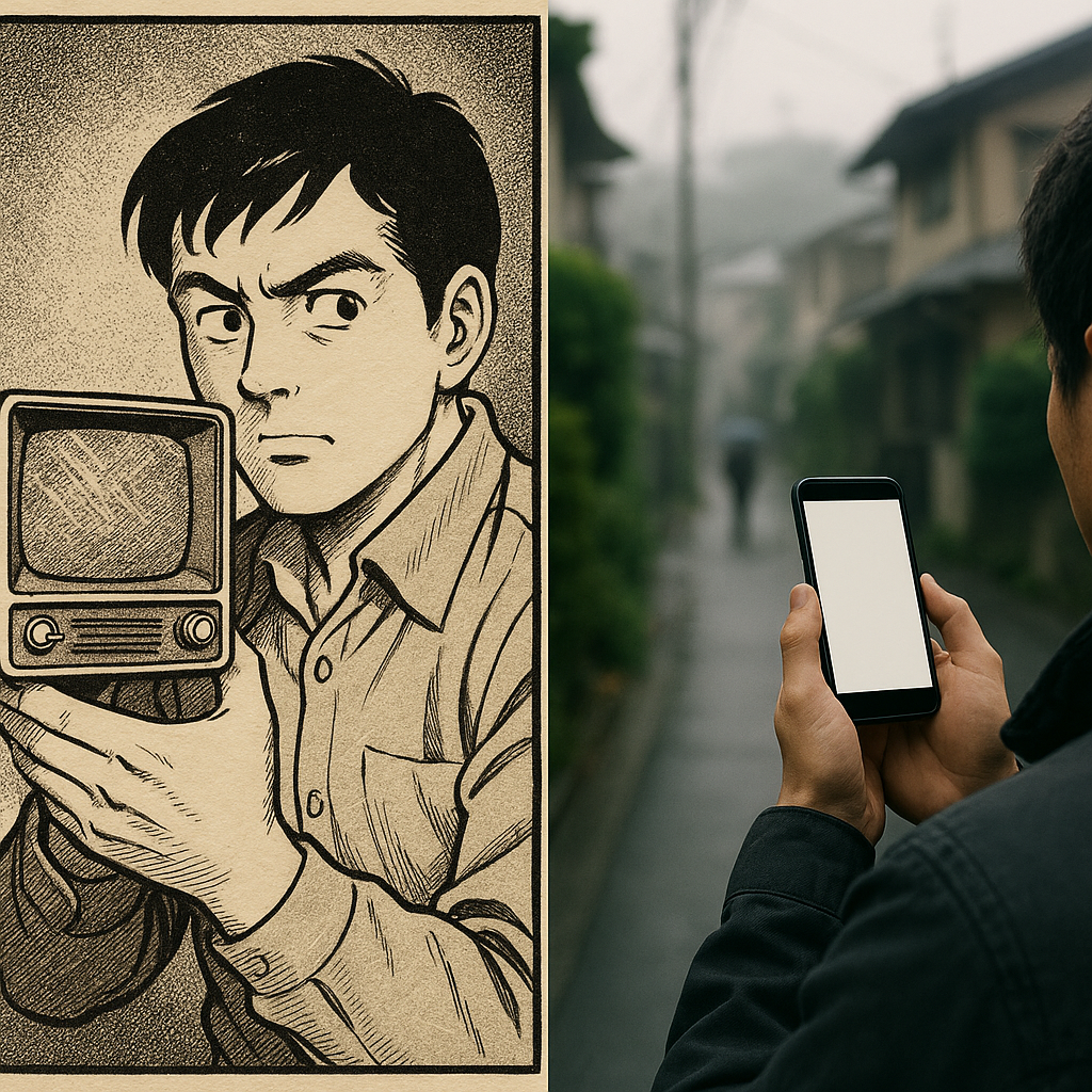 昔の漫画の1シーンと現代のスマートフォンのイメージ