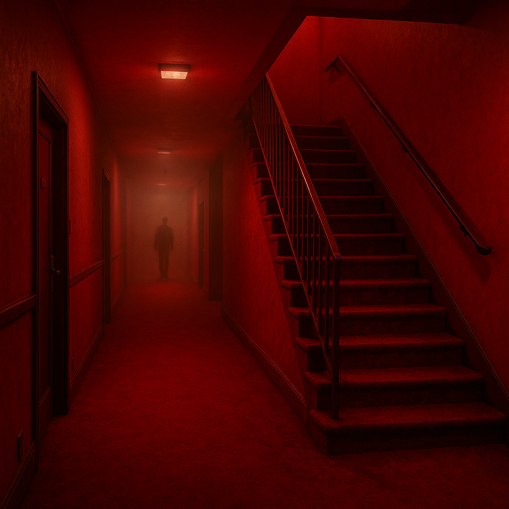 ホテルの3階が壁も床も全面真っ赤なフロアのイメージ