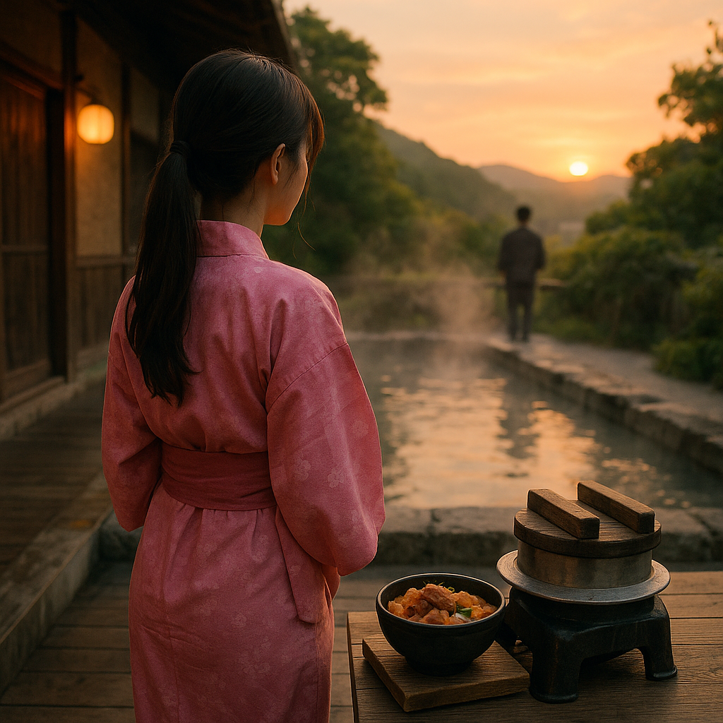 温泉で桃色の浴衣を着た少女のイメージ