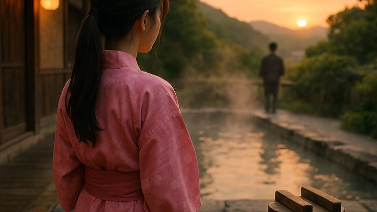 温泉で桃色の浴衣を着た少女