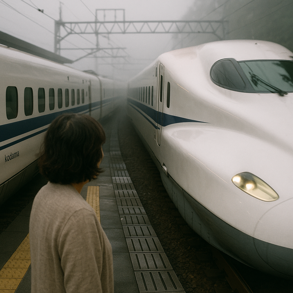 通過列車と中年女性のイメージ