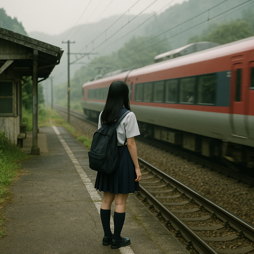 田舎の駅と高校生の少女のイメージ