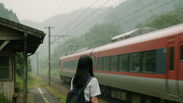 田舎の駅と高校生の少女