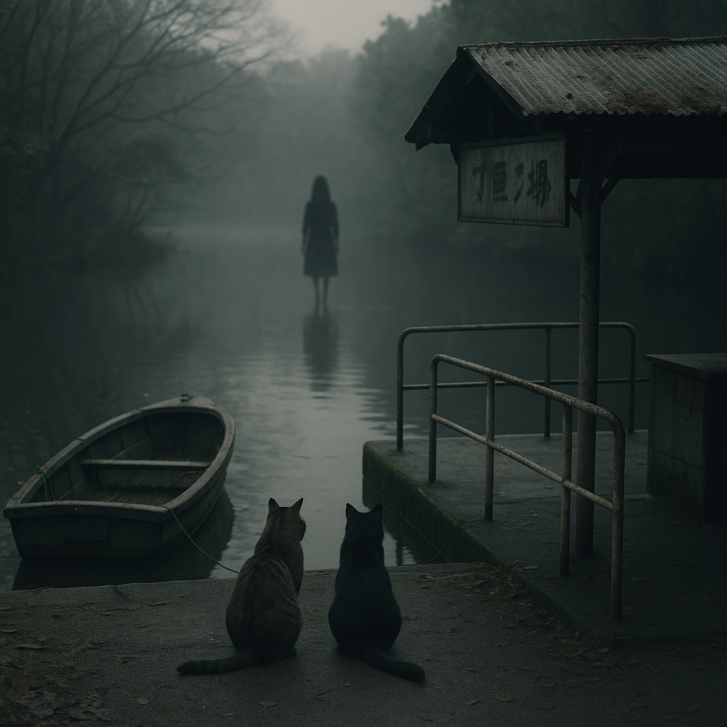 大○池の話①三角の人と並ぶ猫のイメージ