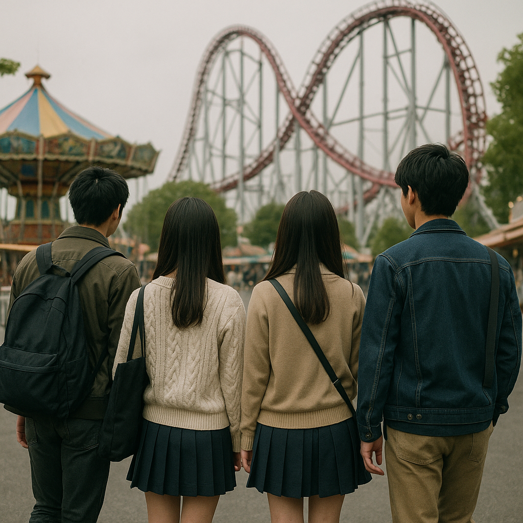 男女4人と遊園地④（私服の可愛い女子高生2人と）のイメージ