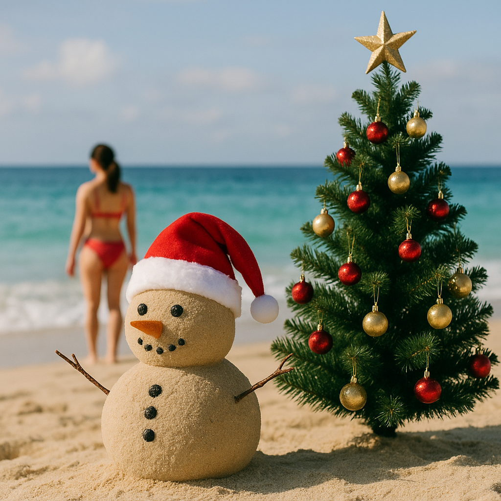 真夏のクリスマス③（真夏のツリーと砂の雪だるま）のイメージ