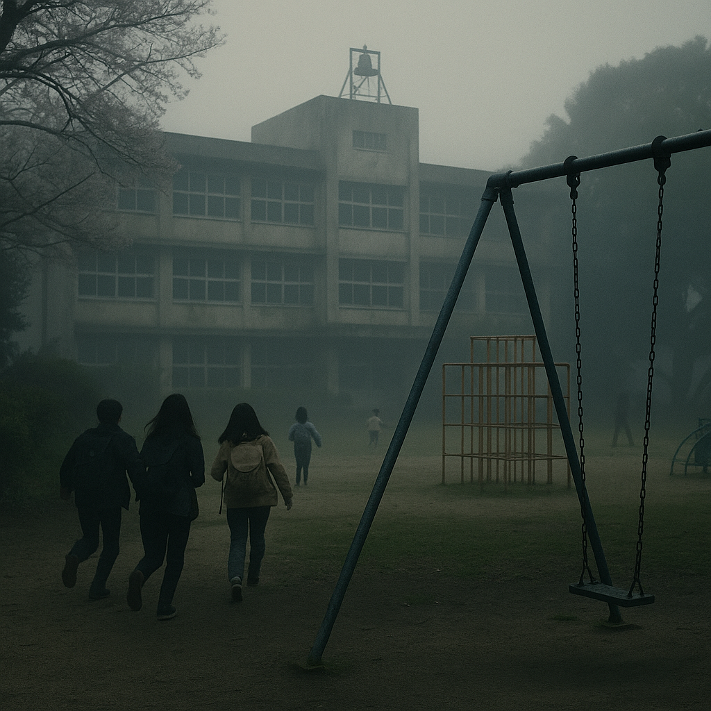 校舎から離れても聞こえ続ける不気味なチャイムのイメージ