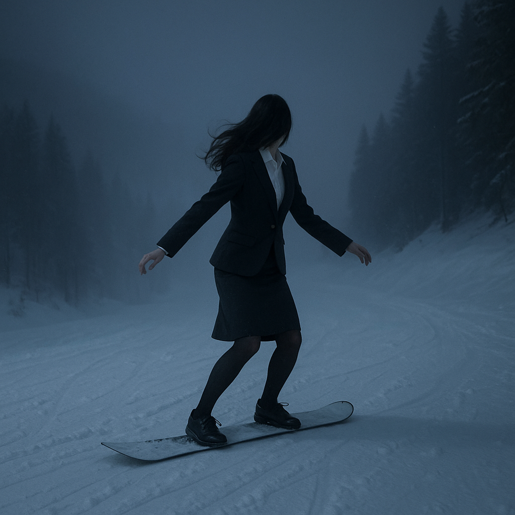 夜にリクルートスーツ姿でスノーボードのイメージ