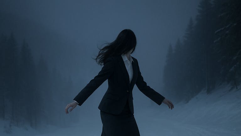 夜にリクルートスーツ姿でスノーボード