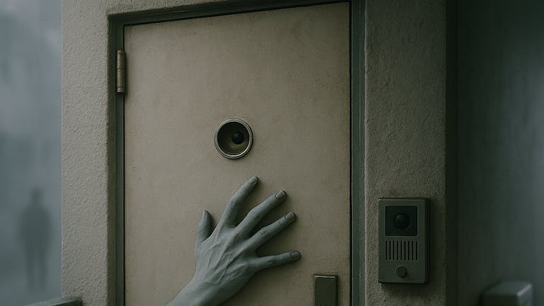 玄関前の手と目と口