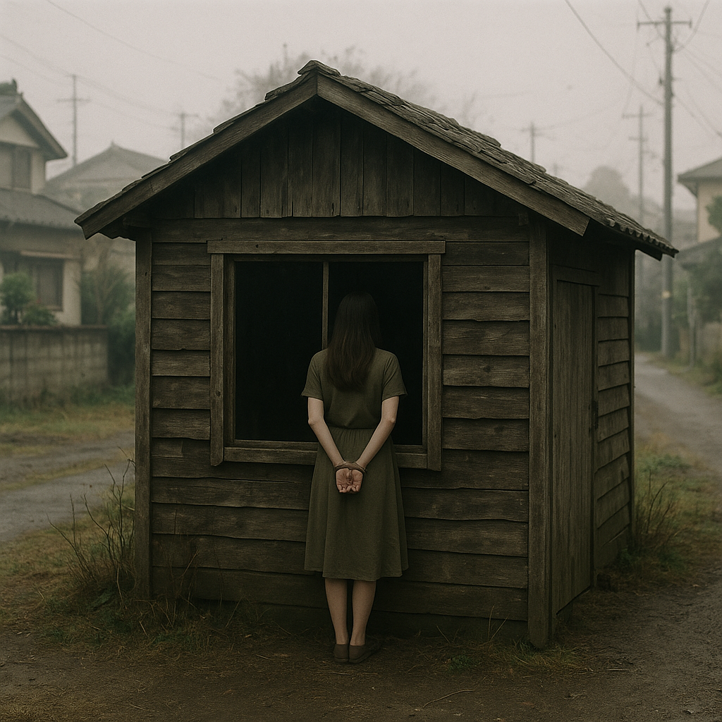 小屋の中で女の後ろ姿を見たのイメージ