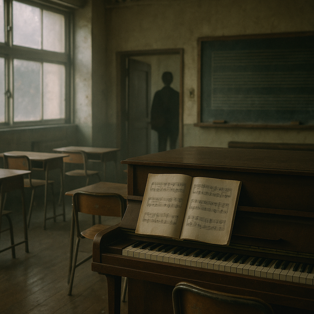 音楽室から談笑する2人、帰ろうとすると後ろから声がのイメージ