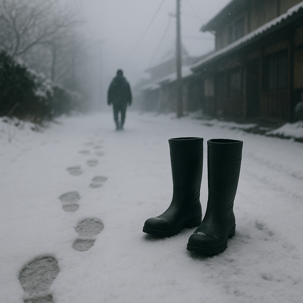 雪の中で背後に長靴のイメージ