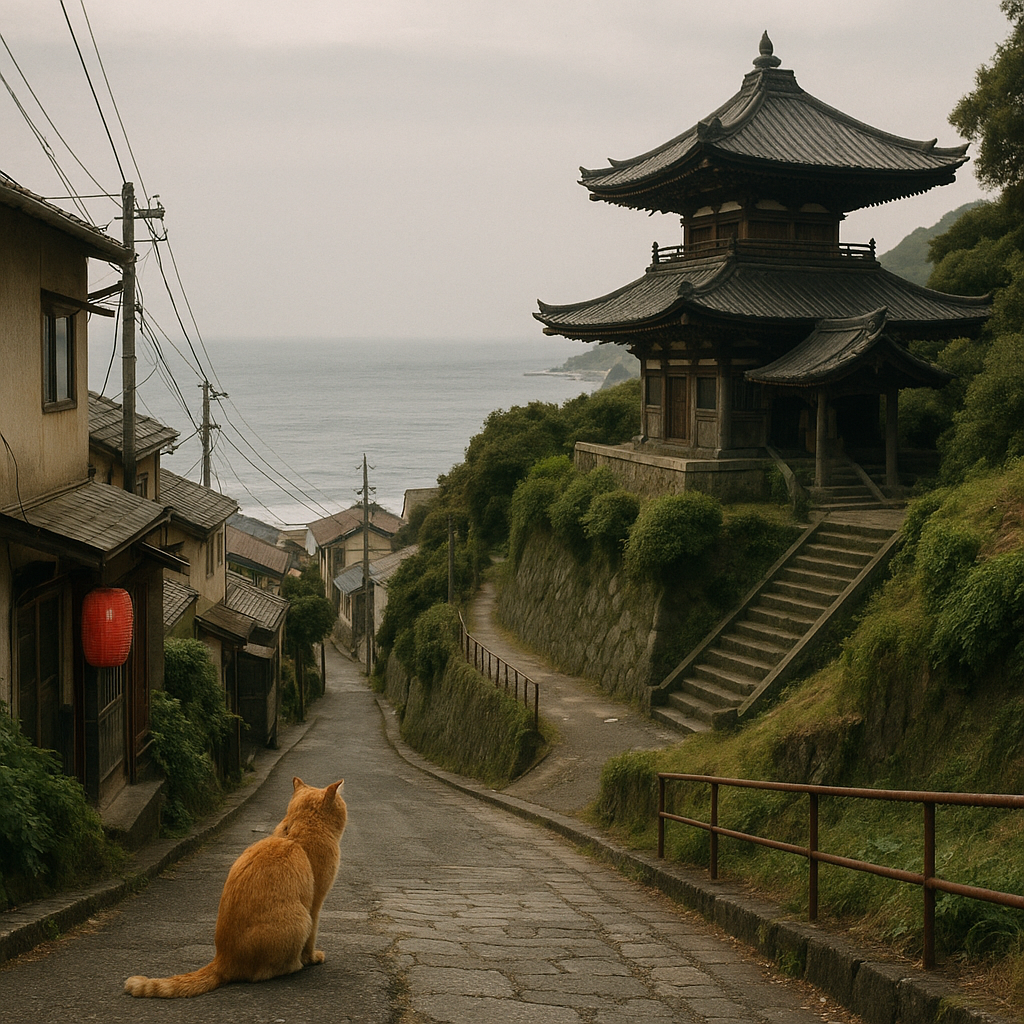 籠の中⑬（海と綺麗な景色、猫のいる坂と丘の上の寺）のイメージ